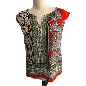 Talbots Paisley Sleeveless Blouse Sz Small Petite Womens Orange & Green